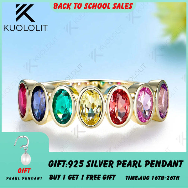 Kuololit 2.1CTW Lab Grown Rainbow Sapphire Ring for Women Solid 14K 10K Yellow Gold Gemstone Ring for Anniversary Christmas Gift