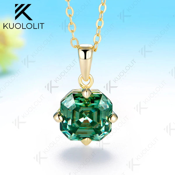 Kuololit 3.5CT Asscher Cut Cyan Moissanite Custom Necklace for Women Solid 585 14K 10K Yellow Gold Necklace for Christmas Gifts