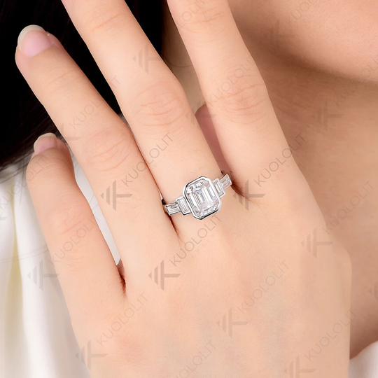 Kuololit 3CT Emerald Cut Cyan Moissanite Ring for Women Solid 14K 10K 585 Yelllow Gold Engagement Ring for Christmas Gifts Party
