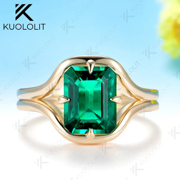 Kuololit 3CT Lab Grown Emerald Custom Ring for Women Solid 14K Yellow Gold Gemstone Ring for Anniversary Christmas Gifts Party
