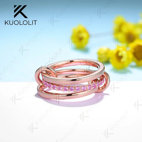 Kuololit Laborgezüchteter rosa Saphir-Moissanit-Ring für Damen und Herren, massives 14K/10K Silber/Roségold, 3 Ringe, Connect für Weihnachten 