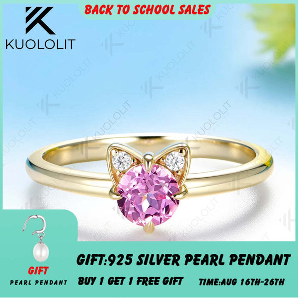 Kuololit 0.5CT Lab Pink Sapphire Diamonds Cat Custom Ring for Women Solid 14K 10K  Yellow Gold Ring for Anniversary Christmas