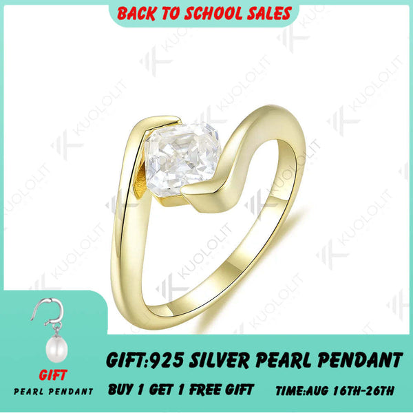 Kuololit 1ct Asscher Cut Moissanite Rings for Women Soild PT950 14K Yellow Gold Bridal Set Diamond Ring for Engagement Christmas