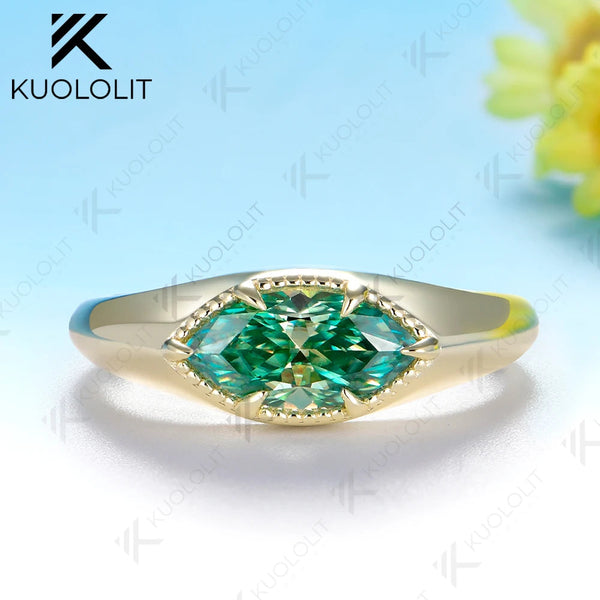 Kuololit 1CT Marquise Cut Cyan Moissanite Custom Engagement Ring for Women Men Solid 14K 10K 925 Silver Yellow Gold for Christmas Gifts