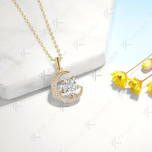 Kuololit 1.2CT Moon Star Moissanite Necklace for Women Solid 10K 14K 18K 925 Sliver Moissanite Pendant for Engagement Christmas