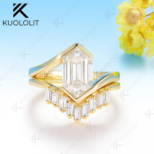 Kuololit 3CT Long Hexagon Cut Moissanite Set Ring for Women Solid 14K 10K 585 Yellow Gold Engagement Ring for Christmas Gifts