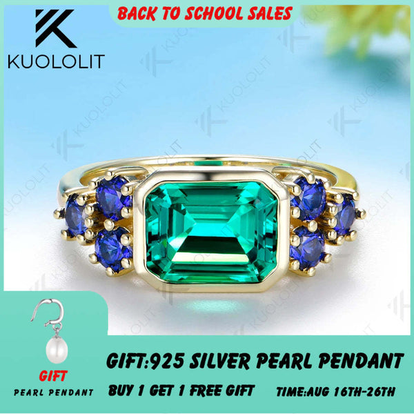 Kuololit 3CT Lab Grown Emerald Sapphire Gemstone Custom Ring for Women Solid 14K10K Yellow Gold for Engagement Wedding Christmas