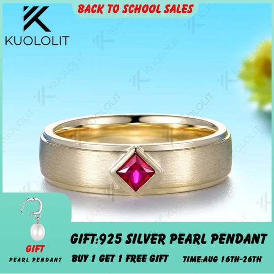 Kuololit Lab Grown Ruby Custom Band Ring for Women Men Solid 14K 10K 585 Yellow Gold 6mm Wedding Band for Christmas Gifts Party
