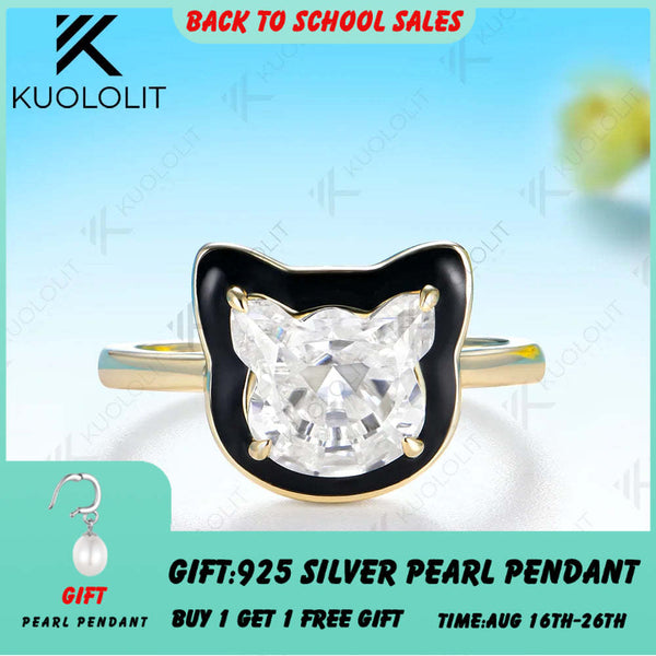 Kuololit 3CT Moissanite Black Enamel Ring for Women Solid 14K 10K 585 Yellow Gold Cat Cut Custom Ring for Christmas Gift Party