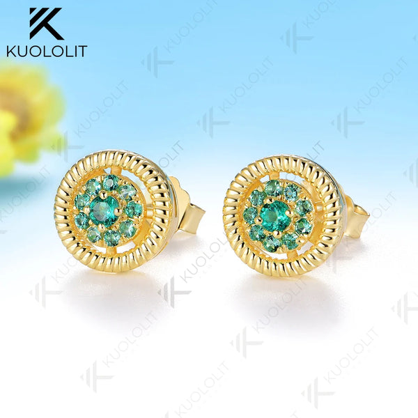 Kuololit 0.25CTW Lab Grown Emerald Custom Stud Earrings for Women Solid 14K 10K 585 Yellow Gold Stud Earrings for Christmas Gift