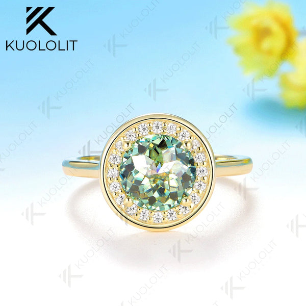 Kuololit 2CT Jubilee Cut Cyan Round Moissanite Ring for Women Solid 14K 10K 585 Yellow Gold Engagement Ring for Christmas Gifts