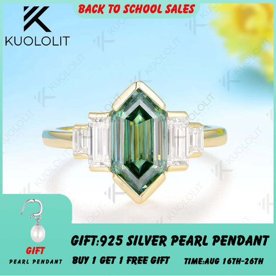 Kuololit 2.5CT Elongate Hexagon Cut Cyan Moissanite Ring for Women Solid 14K 10K 585 Yellow Gold  for Christmas Gifts Engagement