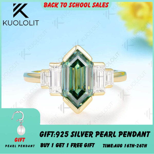 Kuololit 2.5CT Elongate Hexagon Cut Cyan Moissanite Ring for Women Solid 14K 10K 585 Yellow Gold  for Christmas Gifts Engagement