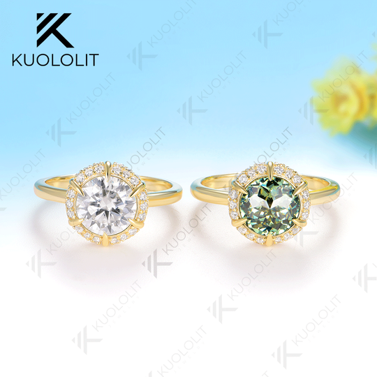 Kuololit 2CT Jubilee Cut Cyan Round Moissanite Ring for Women Solid 14K 10K 925 Sliver Yellow Gold Engagement Ring for Christmas