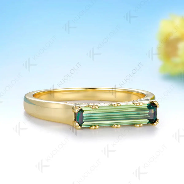 Kuololit 1CT Baguettes Cut Cyan Moissanite Ring for Women Solid 14K 10K Yellow Gold  Engagement for Christmas Party Wedding Gifts