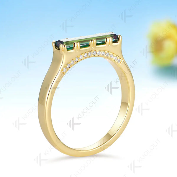 Kuololit 1CT Baguettes Cut Cyan Moissanite Ring for Women Solid 14K 10K Yellow Gold  Engagement for Christmas Party Wedding Gifts