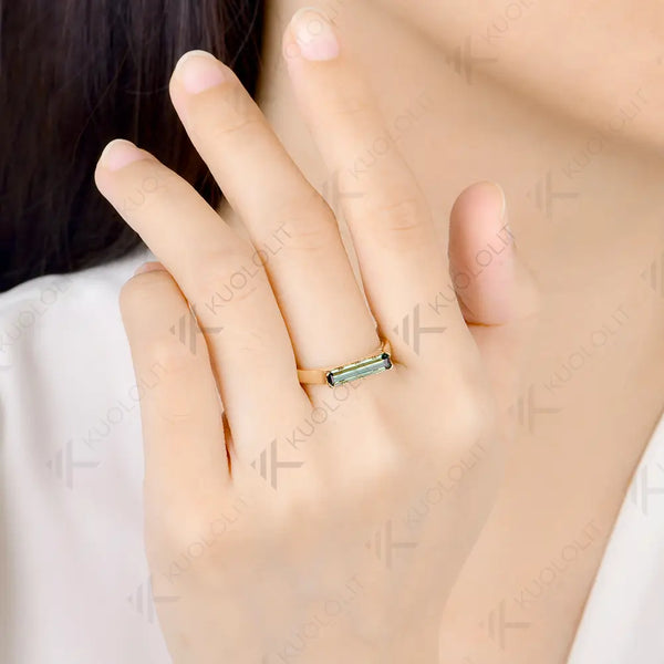 Kuololit 1CT Baguettes Cut Cyan Moissanite Ring for Women Solid 14K 10K Yellow Gold  Engagement for Christmas Party Wedding Gifts