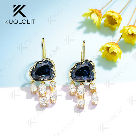 Kuololit 2CT Blue Cloudy Moissanite Clip Earrings for Women Solid 18K 14K 10K Gold Blue Rainny Hoop Earrings for Anniversary