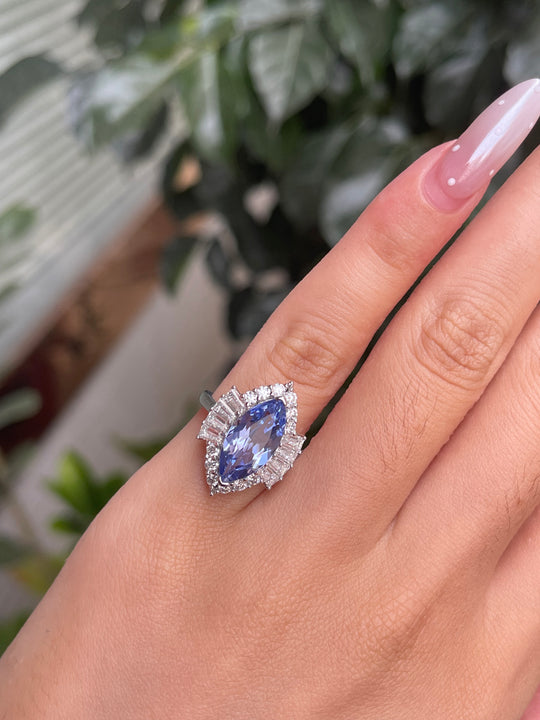 Kuololit 3.5CT Marquise Lab Grown Blue Sapphire Custom Ring for Women Solid 14K 10K 585 White Gold for Christmas Gifts Party