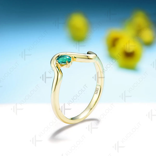 Kuololit 0.2ct Lab Grown Emerald Ring for Women Solitaire 18K 14K Yellow Gold Wedding Diamond V Band for Engagement Christmas