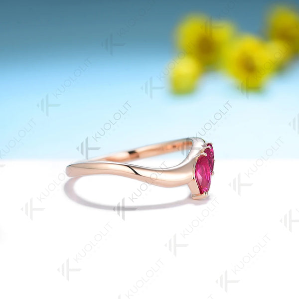 Kuololit 0.45CTW Marquise Cut Lab Grown Ruby Rings for Women Solid 18K 14K 585 Rose Gold  Wedding Band for Anniversary Christmas