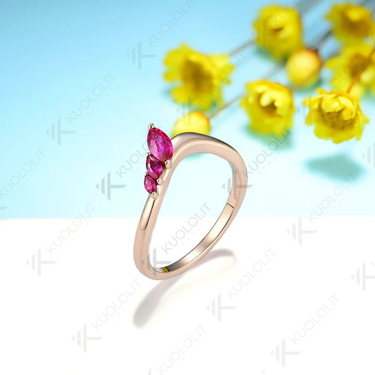 Kuololit 0.45CTW Marquise Cut Lab Grown Ruby Rings for Women Solid 18K 14K 585 Rose Gold  Wedding Band for Anniversary Christmas