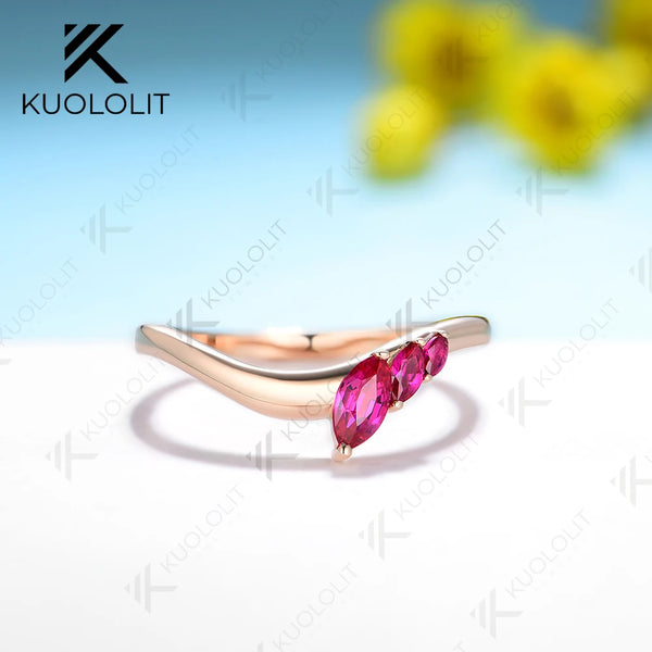 Kuololit 0.45CTW Marquise Cut Lab Grown Ruby Rings for Women Solid 18K 14K 585 Rose Gold  Wedding Band for Anniversary Christmas