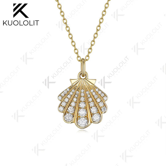 Kuololit 0.8CTW Lab Grown Diamond Necklace Solid 10k 14k Yelllow Gold for Women Luxury Shell Shape Wedding Engagement Christmas