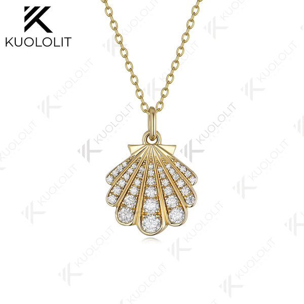 Kuololit 0.8CTW Lab Grown Diamond Necklace Solid 10k 14k Yelllow Gold for Women Luxury Shell Shape Wedding Engagement Christmas