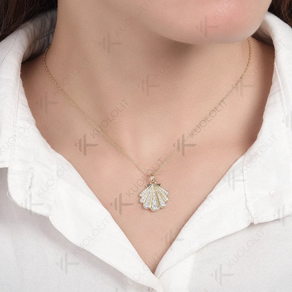 Kuololit 0.8CTW Lab Grown Diamond Necklace Solid 10k 14k Yelllow Gold for Women Luxury Shell Shape Wedding Engagement Christmas