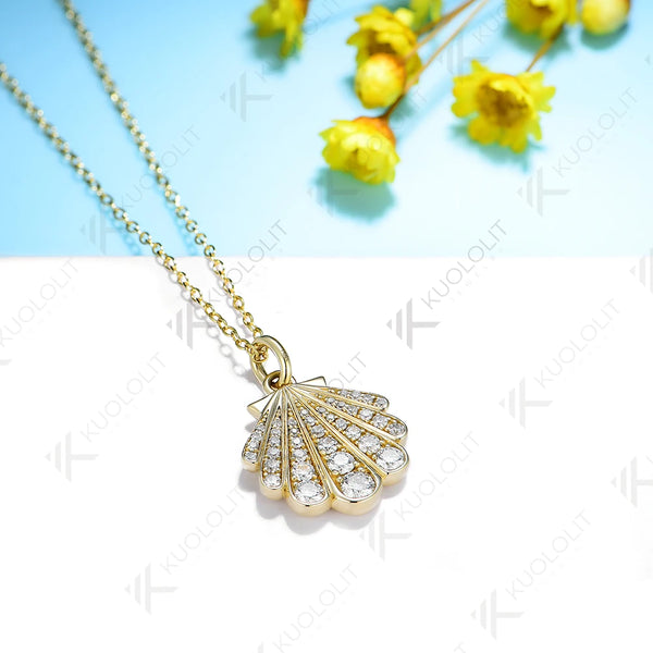 Kuololit 0.8CTW Moissanite Necklace Solid 10k 14k Yelllow Gold for Women Luxury Jewelry Shell Shape Wedding Engagement Christmas