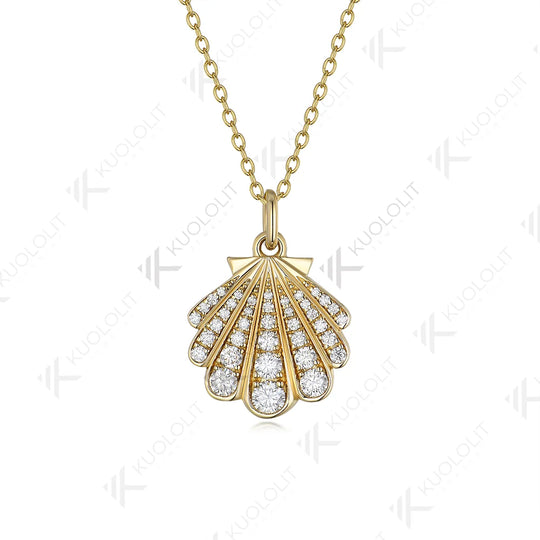 Kuololit 0.8CTW Moissanite Necklace Solid 10k 14k Yelllow Gold for Women Luxury Jewelry Shell Shape Wedding Engagement Christmas