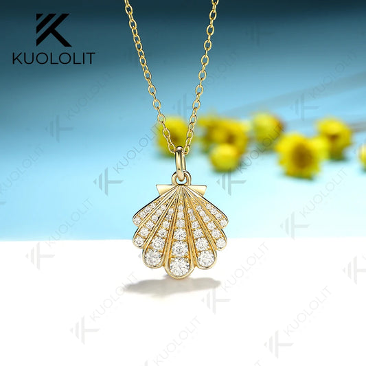 Kuololit 0.8CTW Moissanite Necklace Solid 10k 14k Yelllow Gold for Women Luxury Jewelry Shell Shape Wedding Engagement Christmas