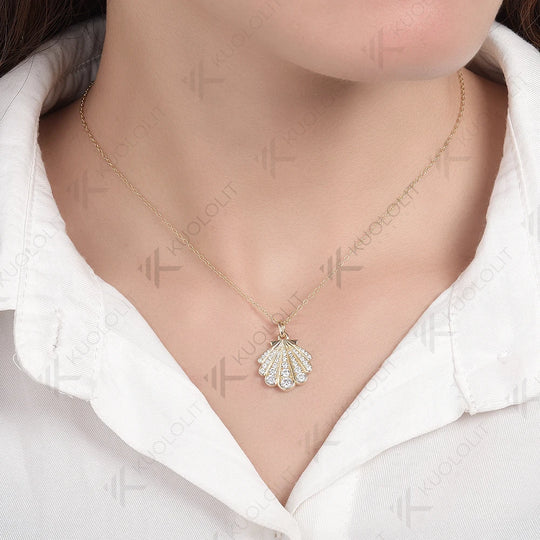 Kuololit 0.8CTW Moissanite Necklace Solid 10k 14k Yelllow Gold for Women Luxury Jewelry Shell Shape Wedding Engagement Christmas