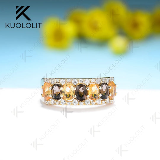 Kuololit 1.75CTW Natural Citrine with Smoky Quartz and Moissanite Rings for Women Solid 14K 10K 585 Gold for Wedding Christmas