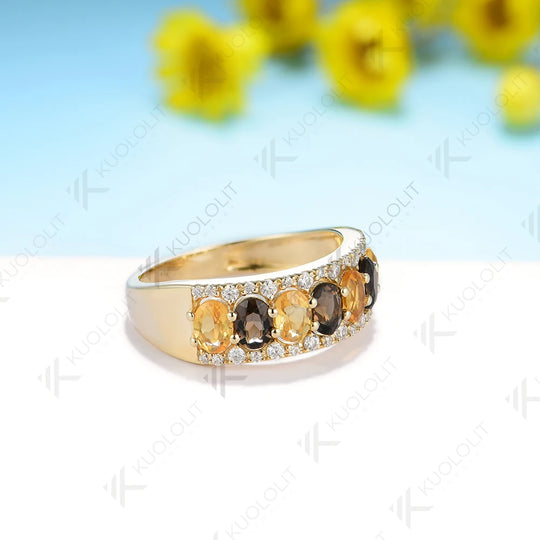 Kuololit 1.75CTW Natural Citrine with Smoky Quartz and Moissanite Rings for Women Solid 14K 10K 585 Gold for Wedding Christmas