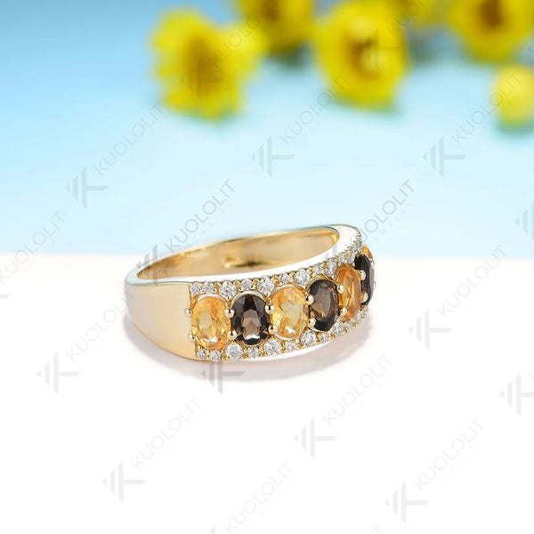 Kuololit 1.75CTW Natural Citrine with Smoky Quartz and Moissanite Rings for Women Solid 14K 10K 585 Gold for Wedding Christmas