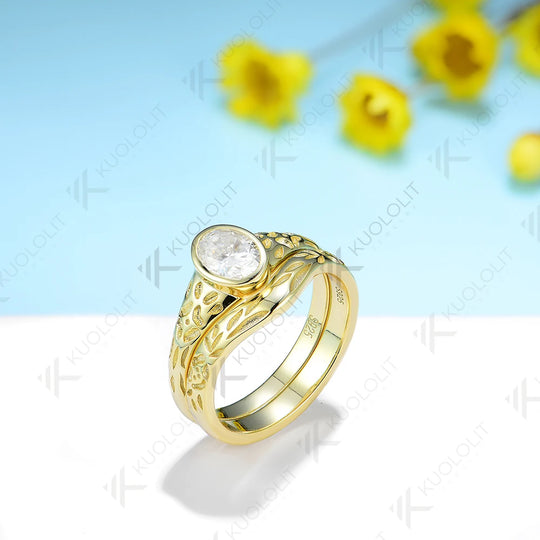 Kuololit 1CT Moissanite Ring for Women Solid 14K 10K 925 Silver Yellow Gold Oval Bezel Set Band for Engagement Wedding Classic