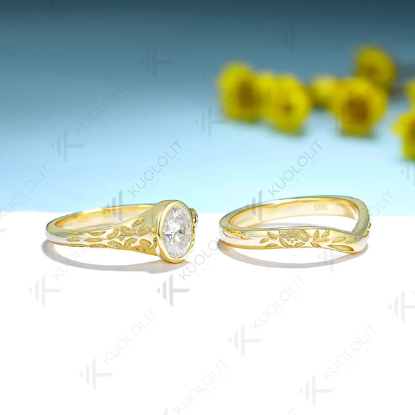 Kuololit 1CT Moissanite Ring for Women Solid 14K 10K 925 Silver Yellow Gold Oval Bezel Set Band for Engagement Wedding Classic