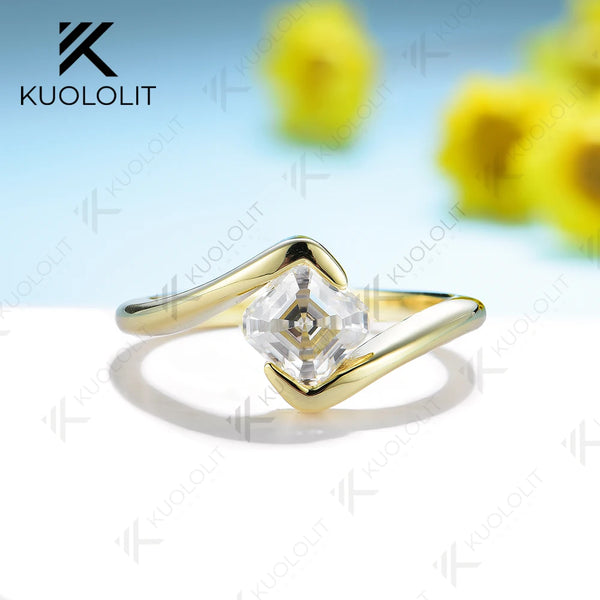 Kuololit 1ct Asscher Cut Moissanite Rings for Women Soild PT950 14K Yellow Gold Bridal Set Diamond Ring for Engagement Christmas