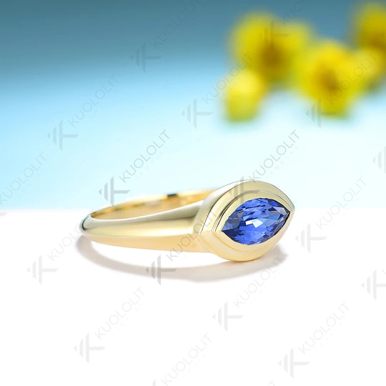 Kuololit 1ct Marquise Lab Grown Sapphire Ring for Women Solid PT950 14K 10K Yellow Gold Solitaire Ring for Engagement Valentine's Day Gifts