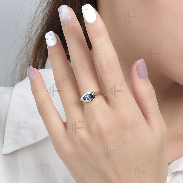Kuololit 1ct Marquise Lab Grown Sapphire Ring for Women Solid PT950 14K 10K Yellow Gold Solitaire Ring for Engagement Valentine's Day Gifts