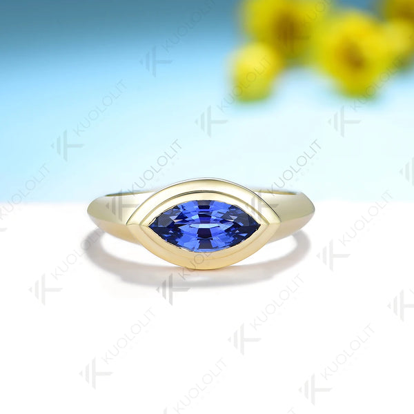 Kuololit 1ct Marquise Lab Grown Sapphire Ring for Women Solid PT950 14K 10K Yellow Gold Solitaire Ring for Engagement Valentine's Day Gifts