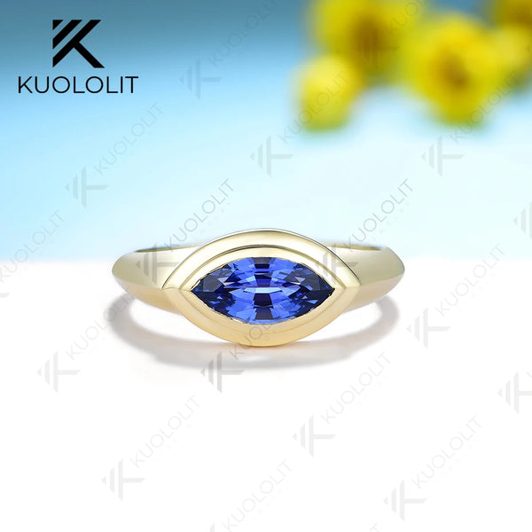 Kuololit 1ct Marquise Lab Grown Sapphire Ring for Women Solid PT950 14K 10K Yellow Gold Solitaire Ring for Engagement Valentine's Day Gifts