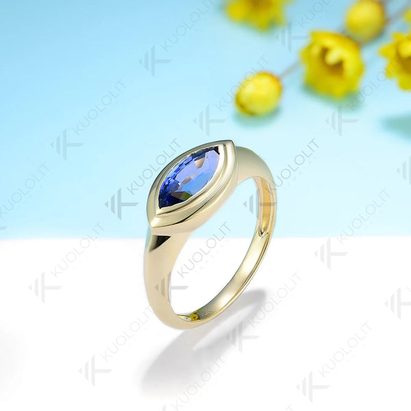 Kuololit 1ct Marquise Lab Grown Sapphire Ring for Women Solid PT950 14K 10K Yellow Gold Solitaire Ring for Engagement Valentine's Day Gifts