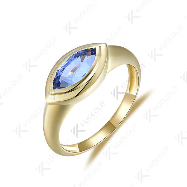 Kuololit 1ct Marquise Lab Grown Sapphire Ring for Women Solid PT950 14K 10K Yellow Gold Solitaire Ring for Engagement Valentine's Day Gifts