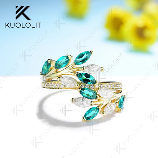 Kuololit 2.5CTW Lab Grown Emerald and Moissanite Rings for Women Men Solid 18K 14K Silver Yellow Gold for Anniversary Engagement