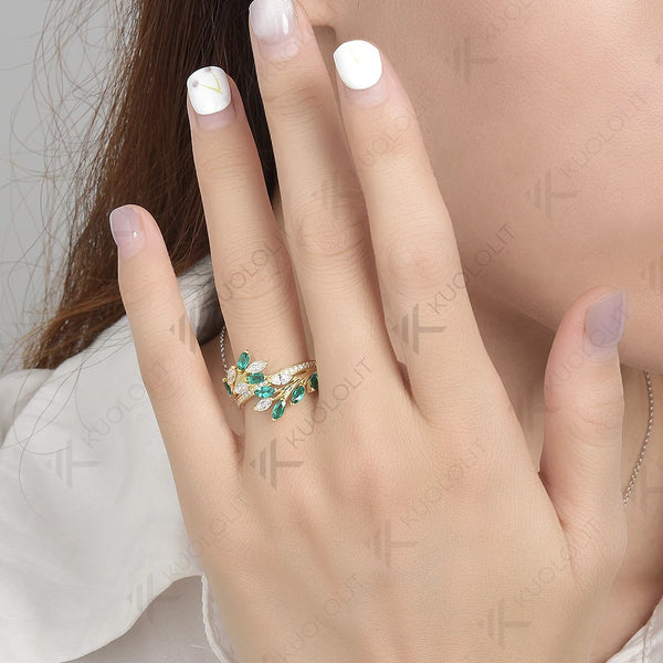 Kuololit 2.5CTW Lab Grown Emerald and Moissanite Rings for Women Men Solid 18K 14K Silver Yellow Gold for Anniversary Engagement