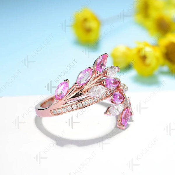Kuololit 2.5CTW Lab Pink Sapphire and Moissanite Rings for Women Men Solid 18K 14K Silver Rose Gold for Anniversary Engagement