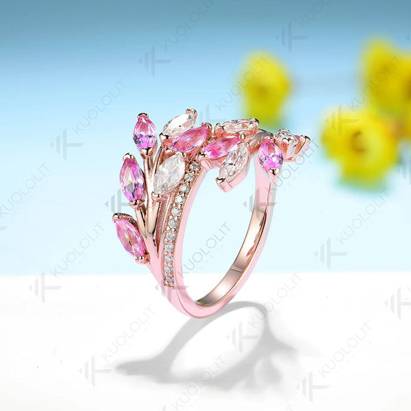 Kuololit 2.5CTW Lab Pink Sapphire and Moissanite Rings for Women Men Solid 18K 14K Silver Rose Gold for Anniversary Engagement